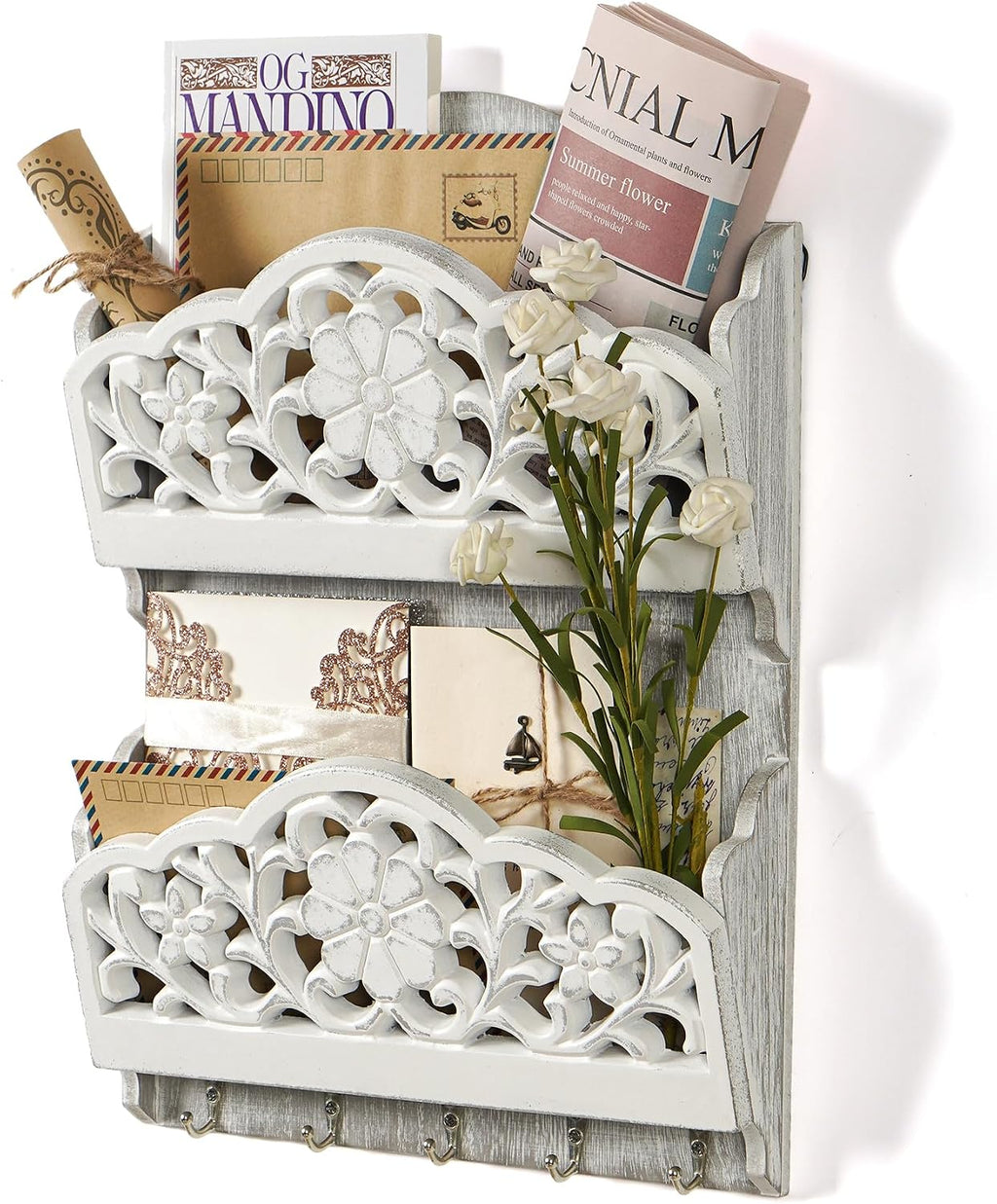 Key and Mail Holder for Wall, 2-Slot Mail Organizer Wall Mount 5 Key Hooks