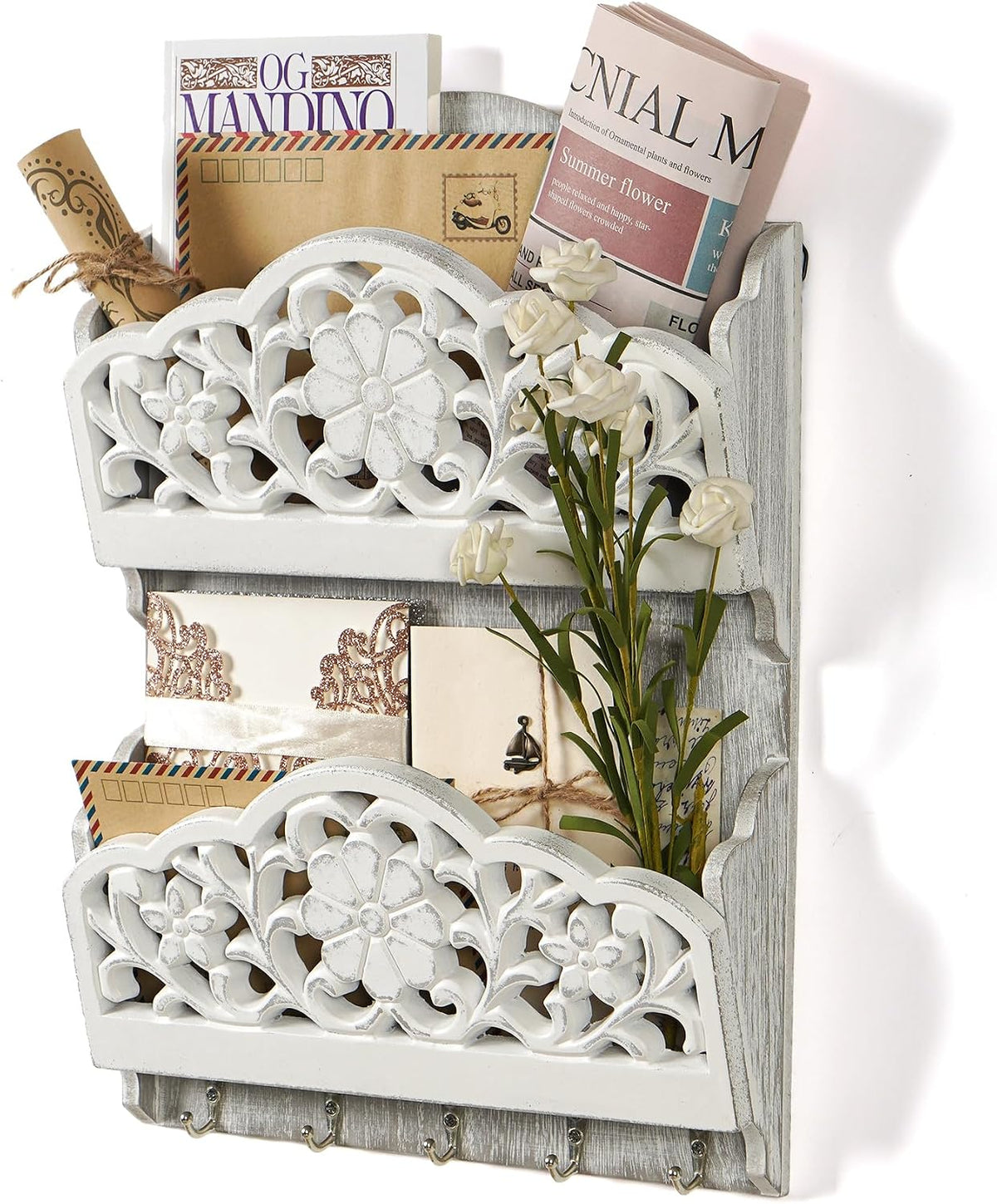Key and Mail Holder for Wall, 2-Slot Mail Organizer Wall Mount 5 Key Hooks