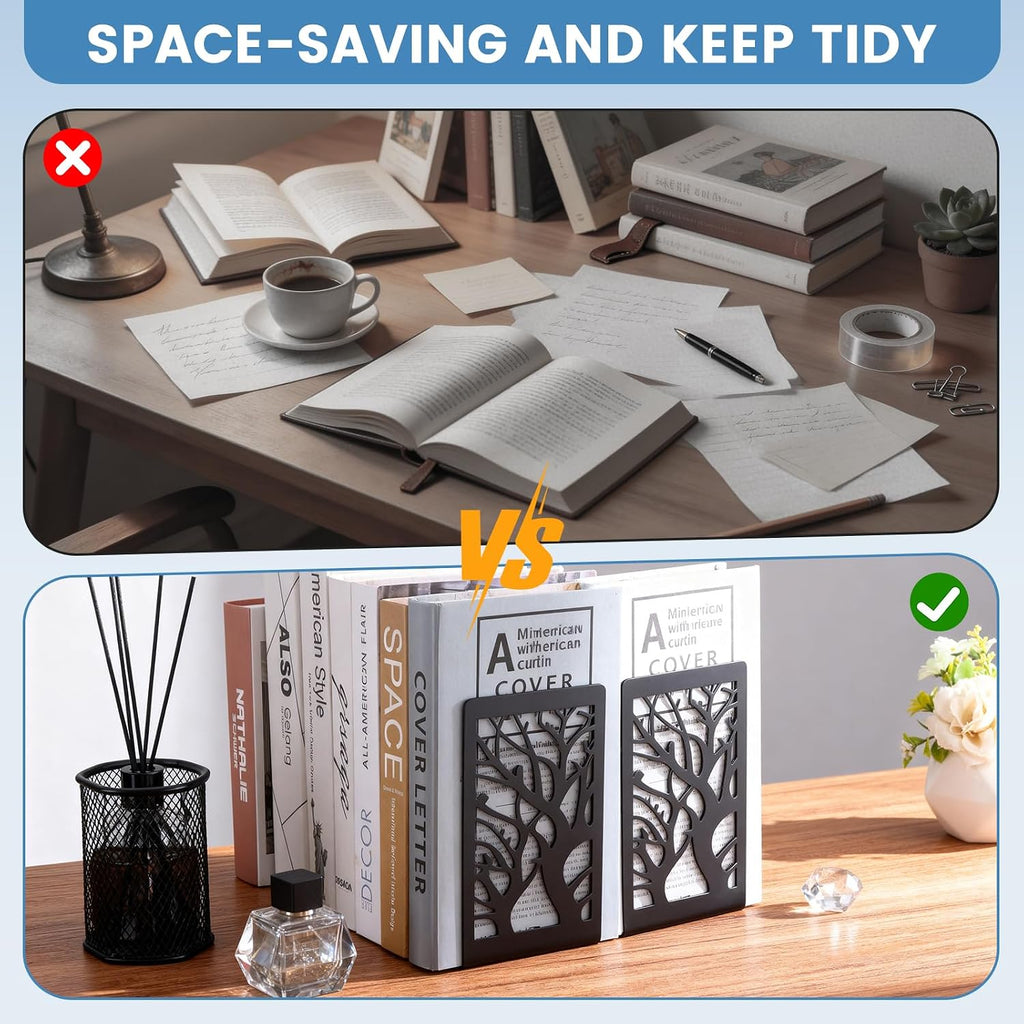 JIANTA Tree Design Metal Bookends, 2 Pairs Decorative Book Ends