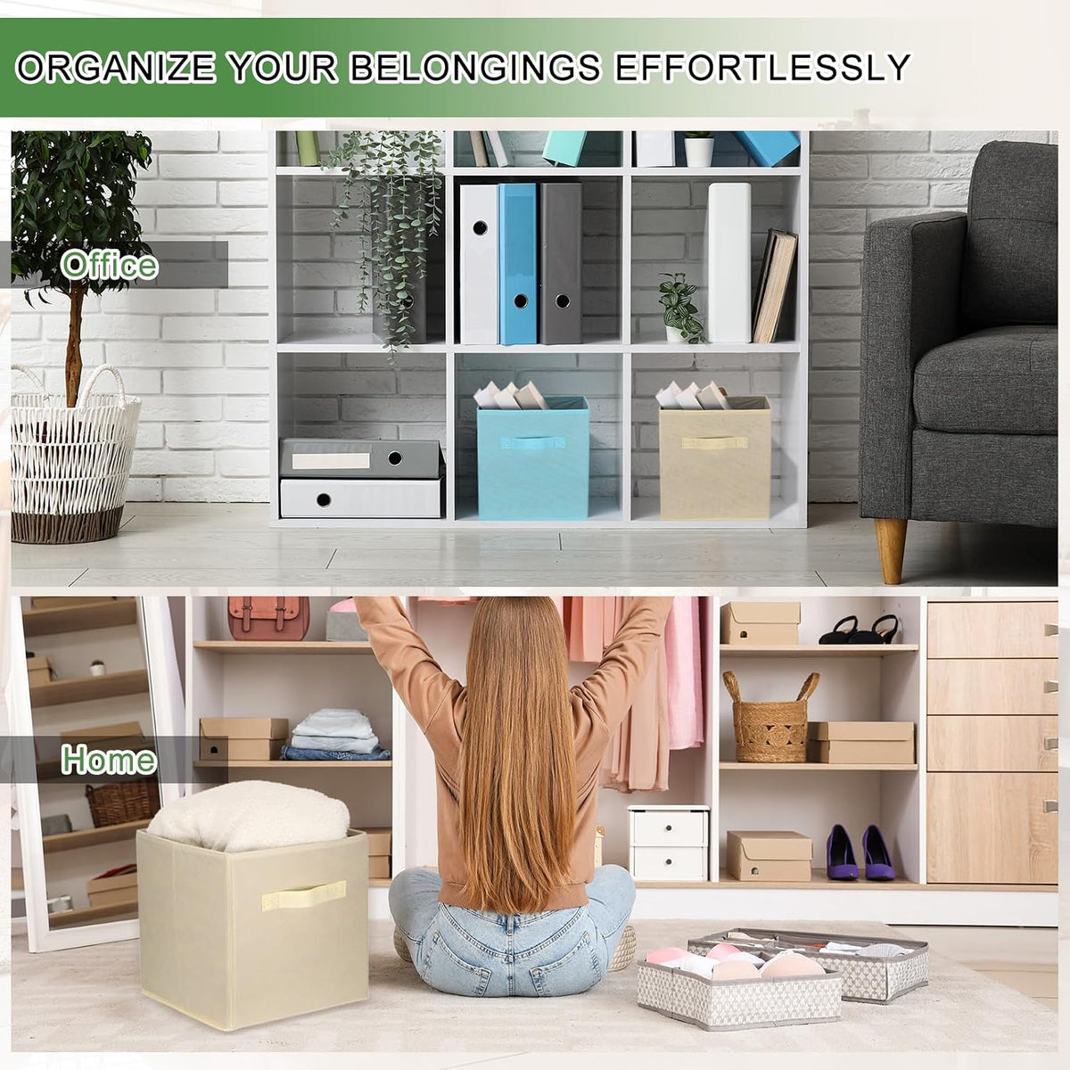 uxcell 3Pcs Fabric Storage Bins, 11 Inch Cube Storage Bin Foldable Storage Cube Organizer Bins with Handles for Shelf Closet, Nursery Home, Bedroom(White)