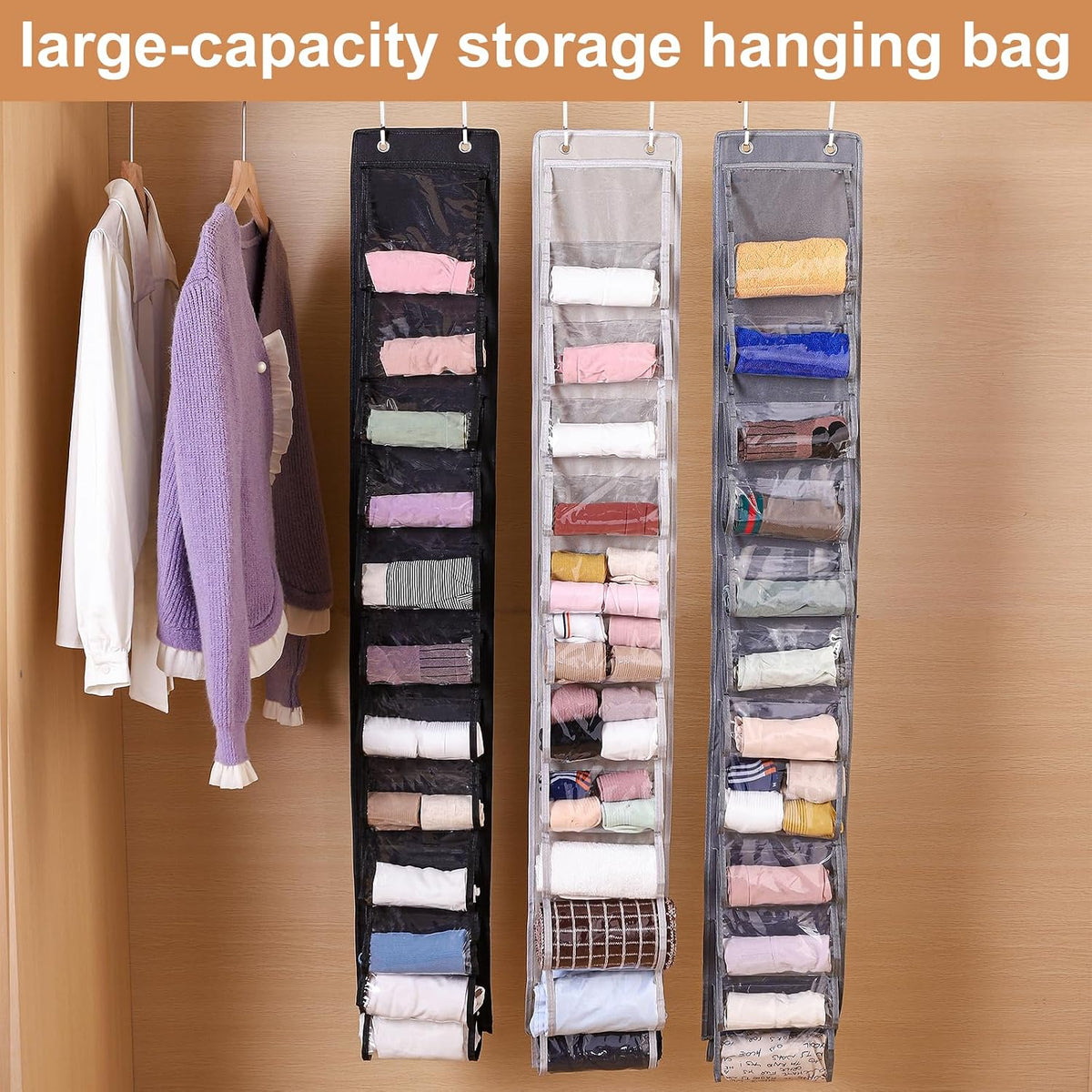 Legging Organizer for Closet Hanging 20 Pockets, Clear Hanging Legging Organizer Closet, Oxford Cloth Legging Storage for Wardrobe Behind Door(2Pack*Black)
