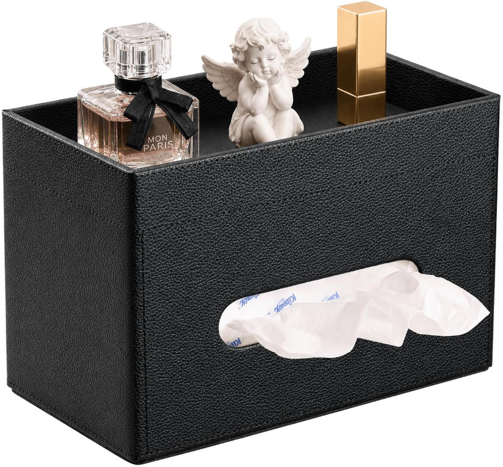 LAMOTI Tissue Box Cover Rectangle with Storage, PU Leather Tissue Holder