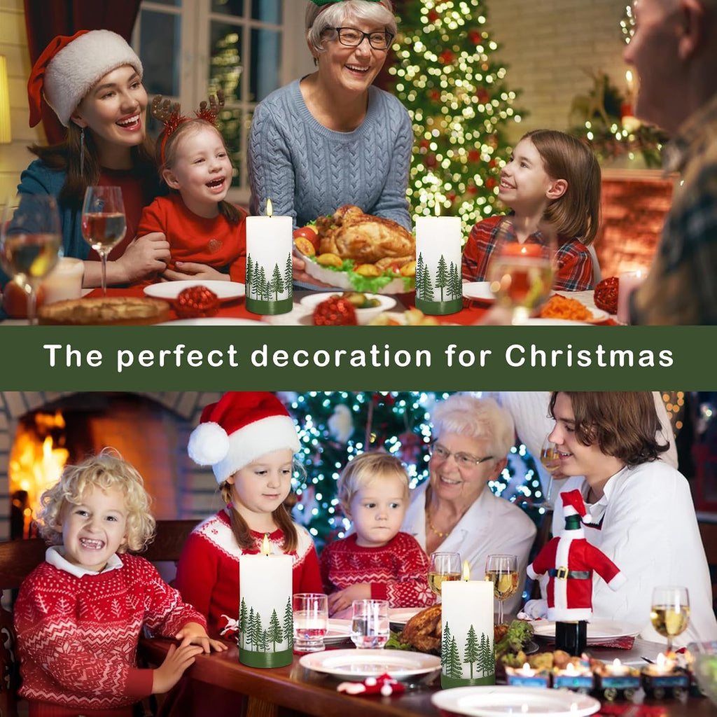 Holiday Flameless Candles Green Hand Drawn Christmas Tree Design with Remote Control, Flickering Real Wax Christmas LED Candles - Home Party Bathroom Room Xmas Decorations - Set of 2