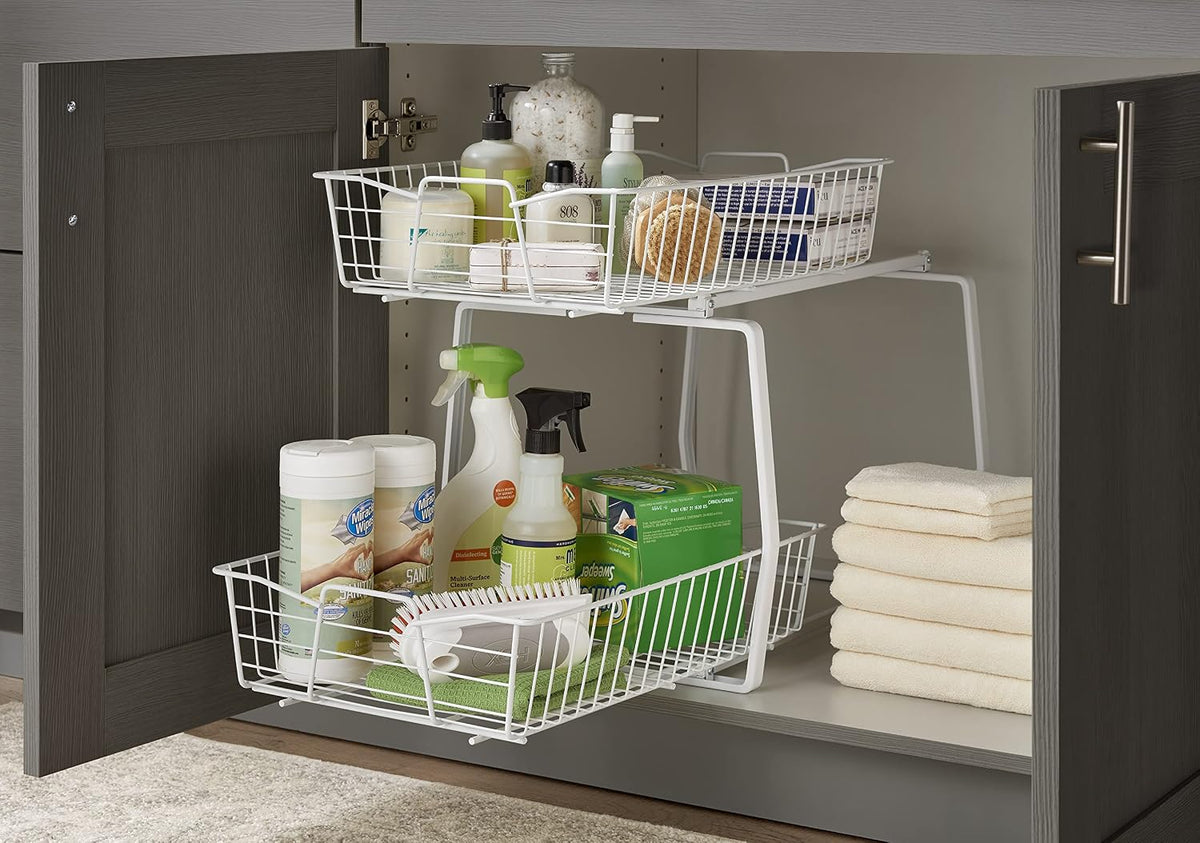 ClosetMaid 14 in. Pull Out Cabinet Organizer, 2 Tier, Heavy Duty, Slide Out Pantry Shelves Drawers for Kitchen, Bathroom, White