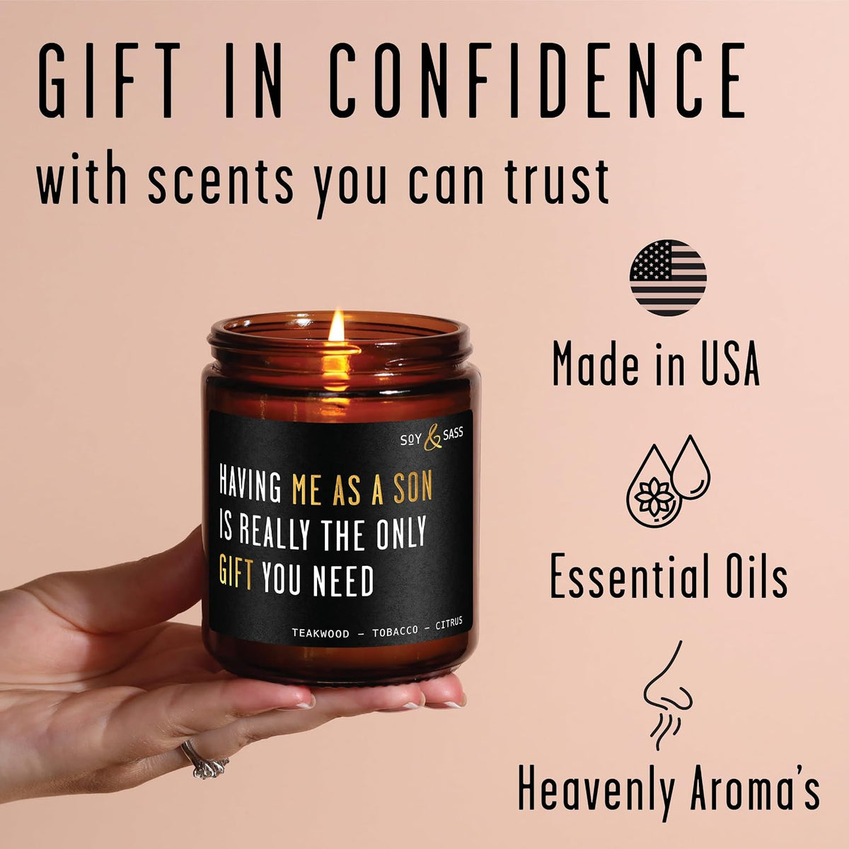 Mom Gifts from Son for Birthday or Christmas - 'Having me as a Son' Soy Candle, w/Mahogany Teakwood I Mothers Day Gifts for Mom Ideas I 50Hr Burn, USA Made
