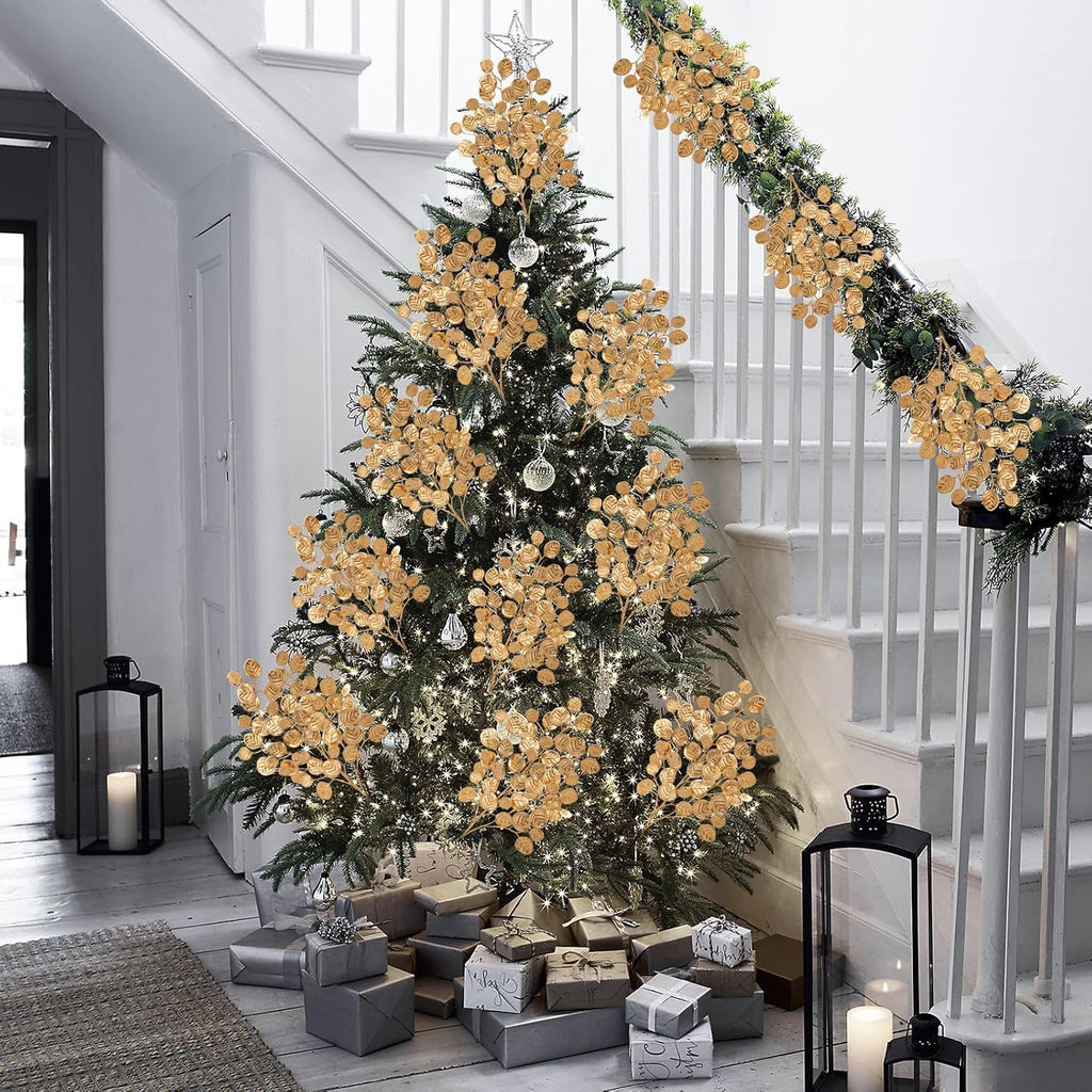 Hollyone 24.8” Christmas Tree Picks and Sprays 3Pcs Golden Artificial Eucalyptus Stems Eucalyptus Silver Dollar Leaves Branches Fake Gold Leaf Floral for Xmas Tree Garland Wreath Wedding Decor