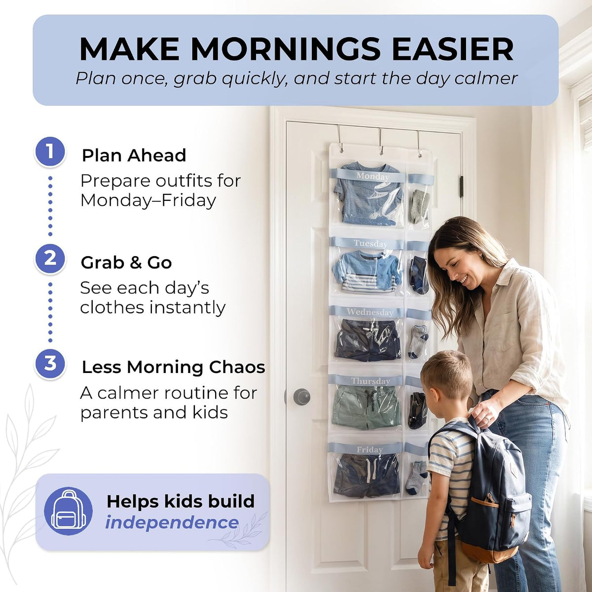Over the Door Weekly Clothes Organizer for Kids, Days of the Week (Blue)