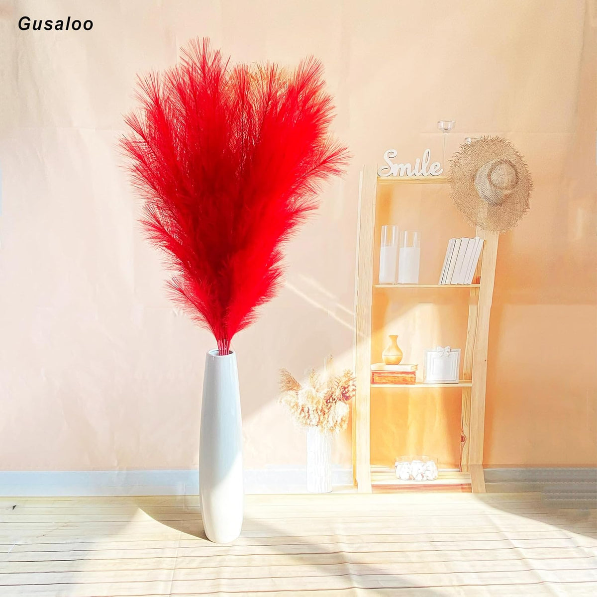 6 Pcs Artificial Pampas Grass Large, 47"/121cm Fake Faux Artificial Pampas Grass Decor Tall Stems Fluffy Pompous Pompass Branch Floor Vase Filler for Home Decor Boho Decor Wedding Red