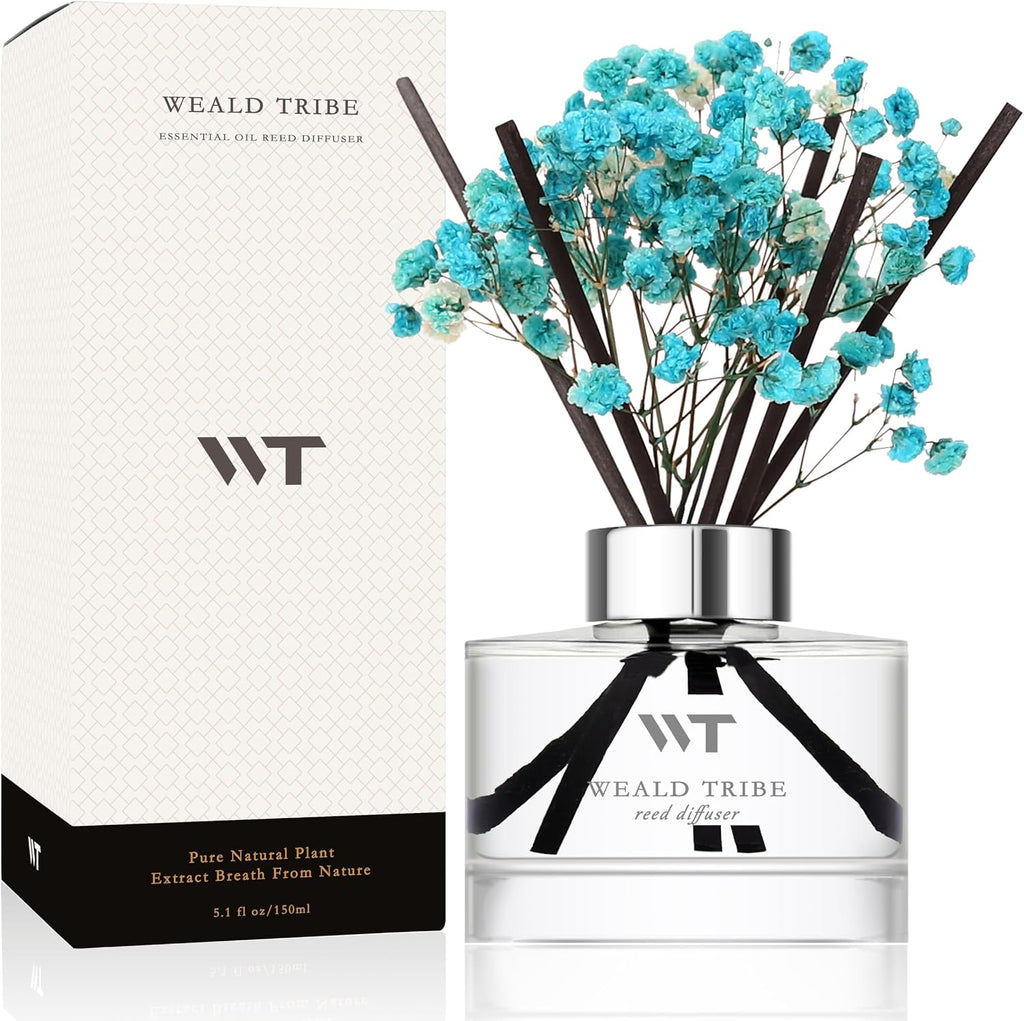 WEALD TRIBE Flower Reed Diffuser Set Ocean Series Moss & Sea Salt Scent For Bathroom Accessories Shelf Decor & Air Fresheners, Sticks Defusers With 5.1 fl oz Essential Oils, House Office Decor & Gifts