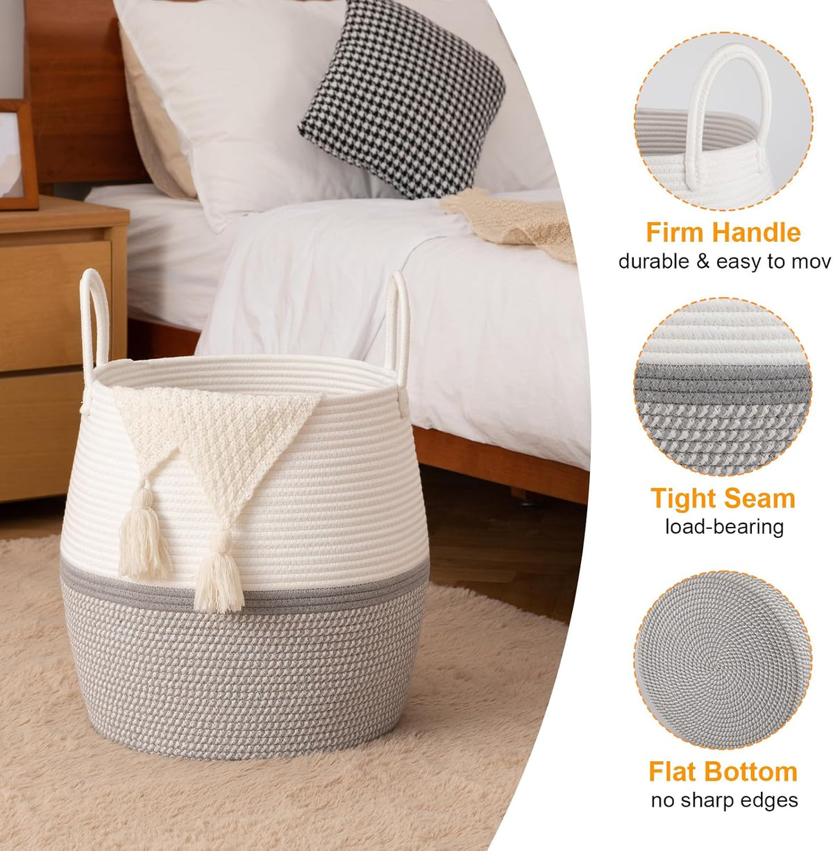 OIAHOMY 60L Blanket Basket with Handle, Storage Basket for Living Room, Laundry Hamper for Clothes, Towels, Pillows, Toy Storage for Kids and Dogs, Baby Hamper for Nursery - Grey & White