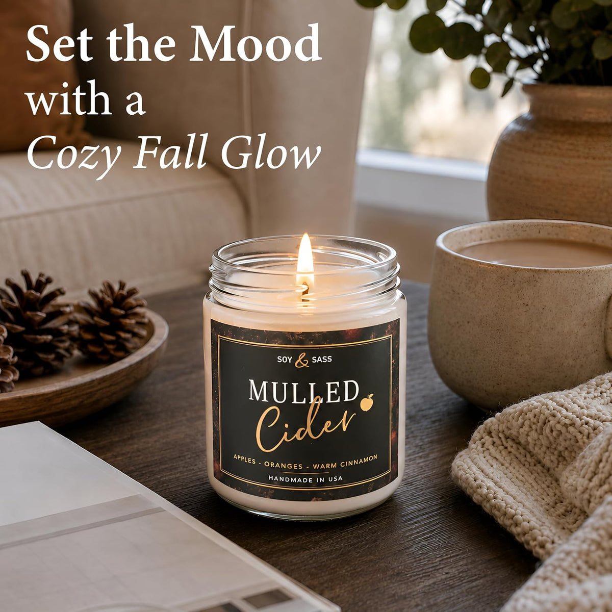 Mulled Cider Candle, Fall Candles I Apple Cider, Cinnamon & Nutmeg - Infused with Essential Oils I Mulled Cider Fall Scented Candle (Soy) for Home I 9oz Reusable Jar I 50Hr Burn I Made in USA