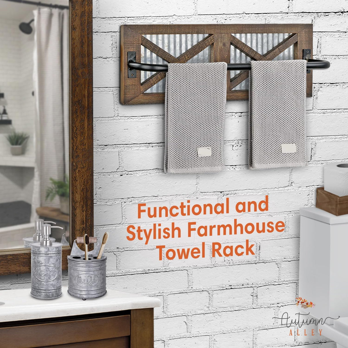 Autumn Alley Farmhouse Rustic Towel Rack Holder - Wood Towel Rack - 24" - Farmhouse Bathroom Hardware for Rustic Bathroom and Country Kitchen Style Décor - Wall Mounted, Western Accessories