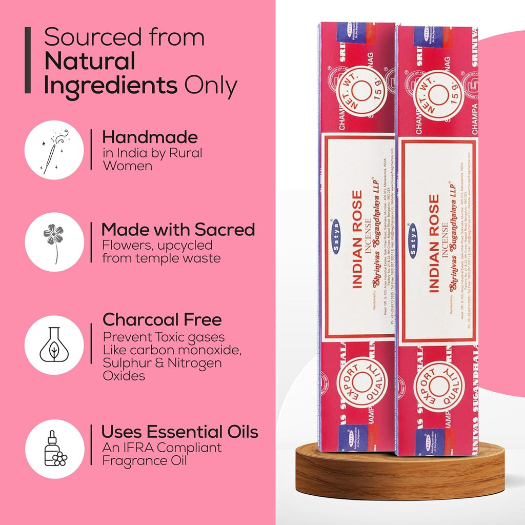 Satya Indian Rose Incense Sticks 180 gm (15GM X 12 Pack) from Satya Sai Baba Nag Champa and Raajsee Incense Sticks Holder Bundle, Free from Chemicals,Natural Insenses