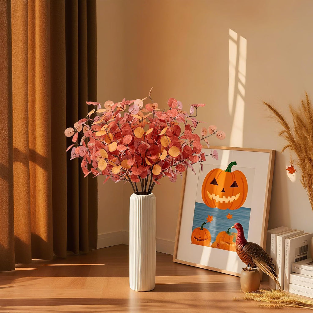 SITUMEIZI 6 Pcs Thanksgiving Decoraitons Fall Stems Eucalyptus Artificial Flowers with Eucalyptus Leaves Autumn Decor for Office and Home Fall Halloween Table Centerpiece Floral Arrangement Decor