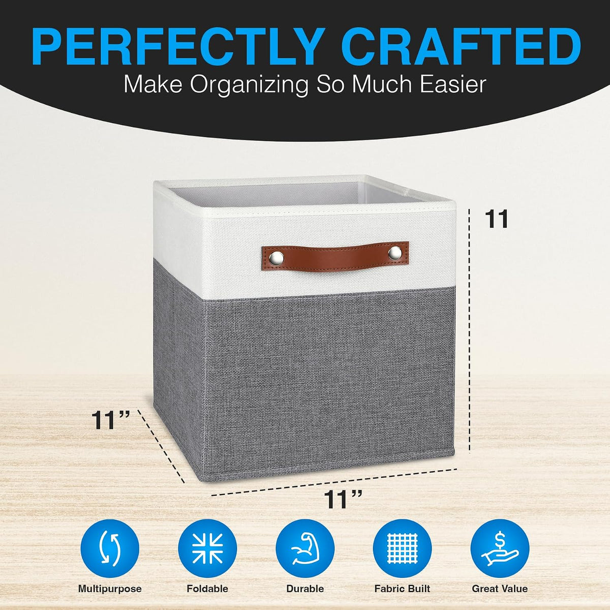 11 Inch Cube Storage Bin - 4 Pack - Linen Fabric 11x11 Cube Storage Bins for Bedroom, Living Room, Clothes and Toys; Foldable, Dual Leather Handles