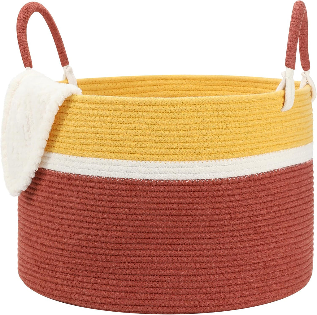 Large Blanket Basket (20"x13"),Woven Basket for Storage Dirty Clothes for Laundry, Living Room, Nursery, Bedroom Rope Storage Basket for Blankets（Yellow/Brown）