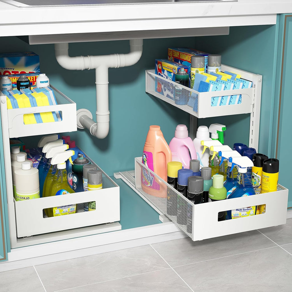 TISTAYA Under Sink Organizer, Bathroom Organizers and Storage, Cabinet Organizer Pottery Barn Furniture for Kitchen, Bathroom, Pantry, Laundry, Study, White，1XL, 2PCS
