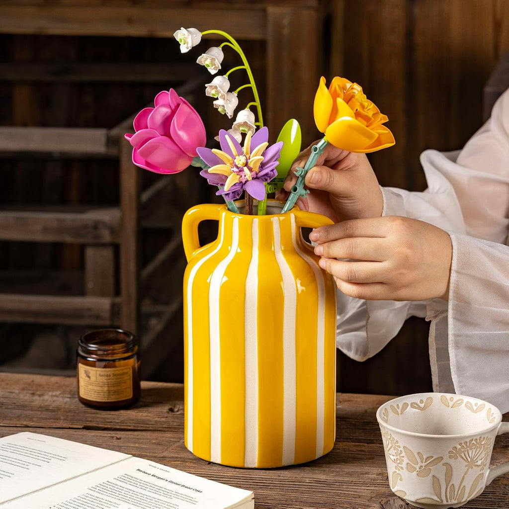 SURE YUESI Yellow Ceramic Vase with Handles, Modern Farmhouse Striped Decorative Vase, 9.1" Art Deco Tall Flower Vases for Pampas Grass, Shelf Decor, Dining Table Centerpiece, Living Room Home Decor