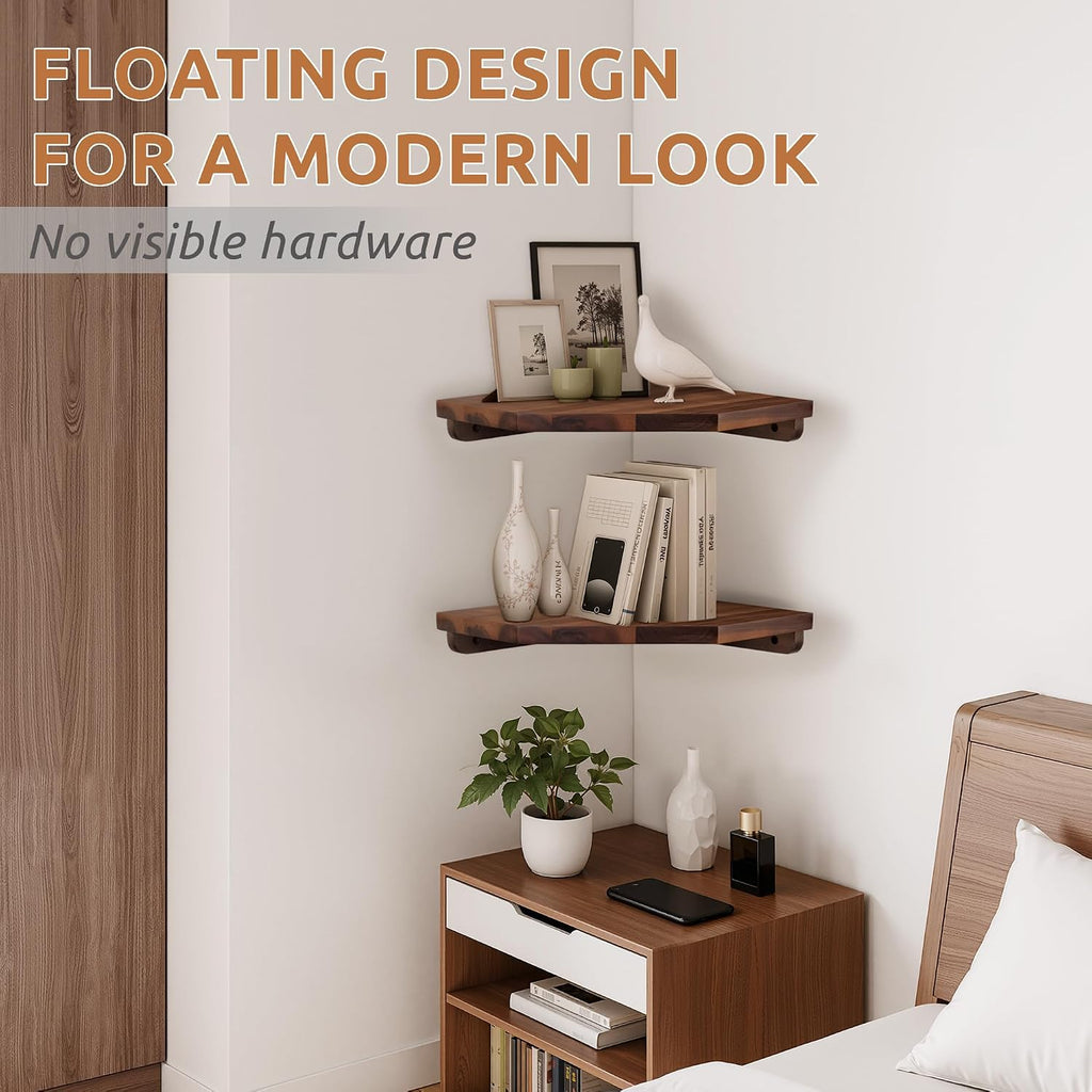 Demigo Hexagon Corner Floating Shelves, 2-Pack Acacia Wood Wall Shelf