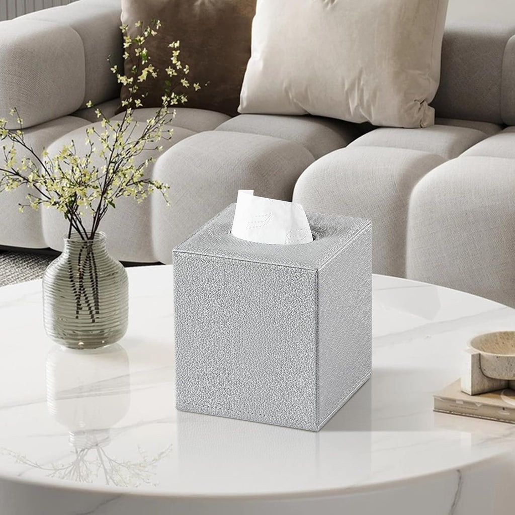 Square Tissue Box Cover with Magnetic Closure Bottom, Silver