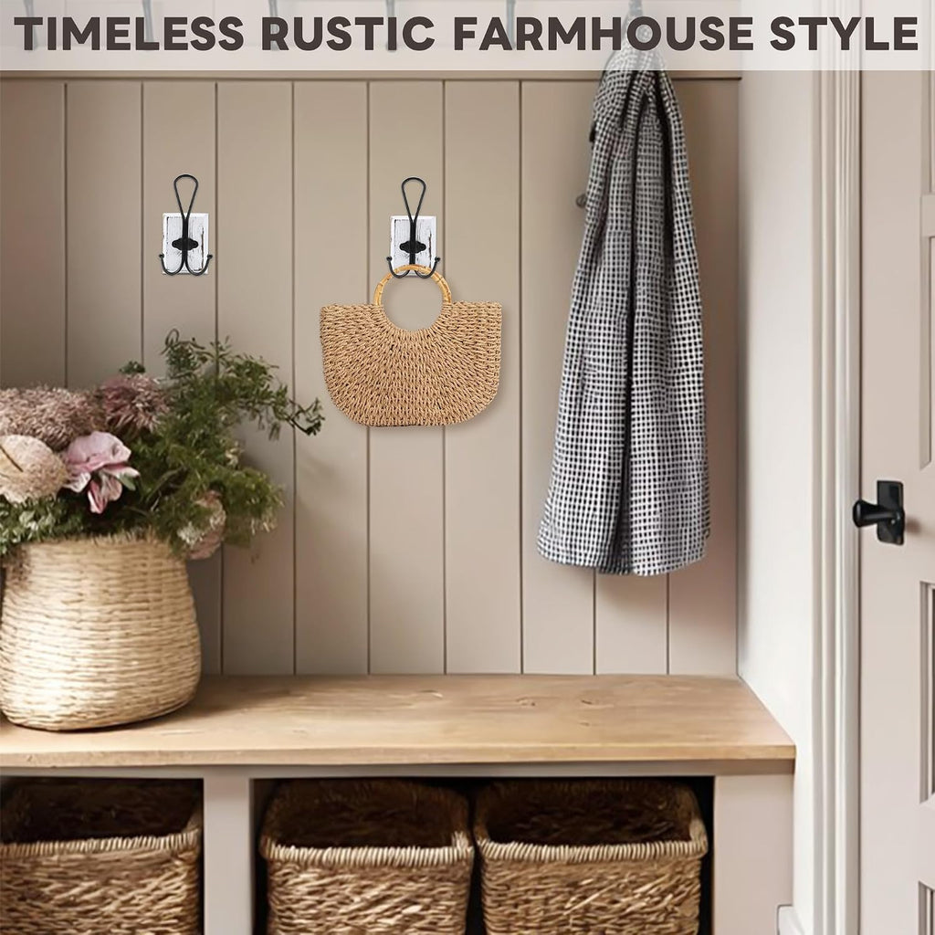 2-Pack Rustic Wood Wall Hooks - Wall Mounted or Adhesive Coat Rack for Bathroom Towels Robes - Farmhouse Modern Decorative Entryway Hangers for Hats Keys Purses Bags, White