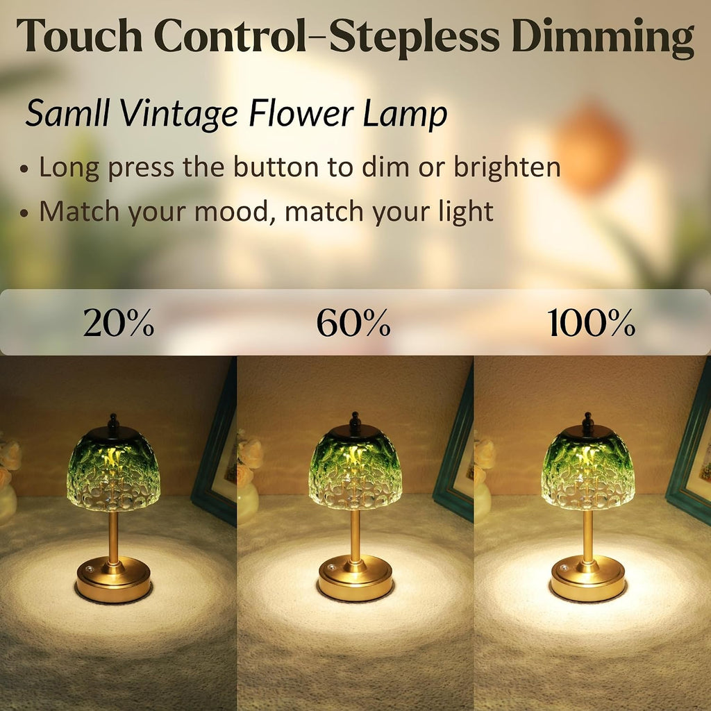 Cordless Rechargeable Table Lamp, Vintage Art Glass Shade, Dimmable, Blue