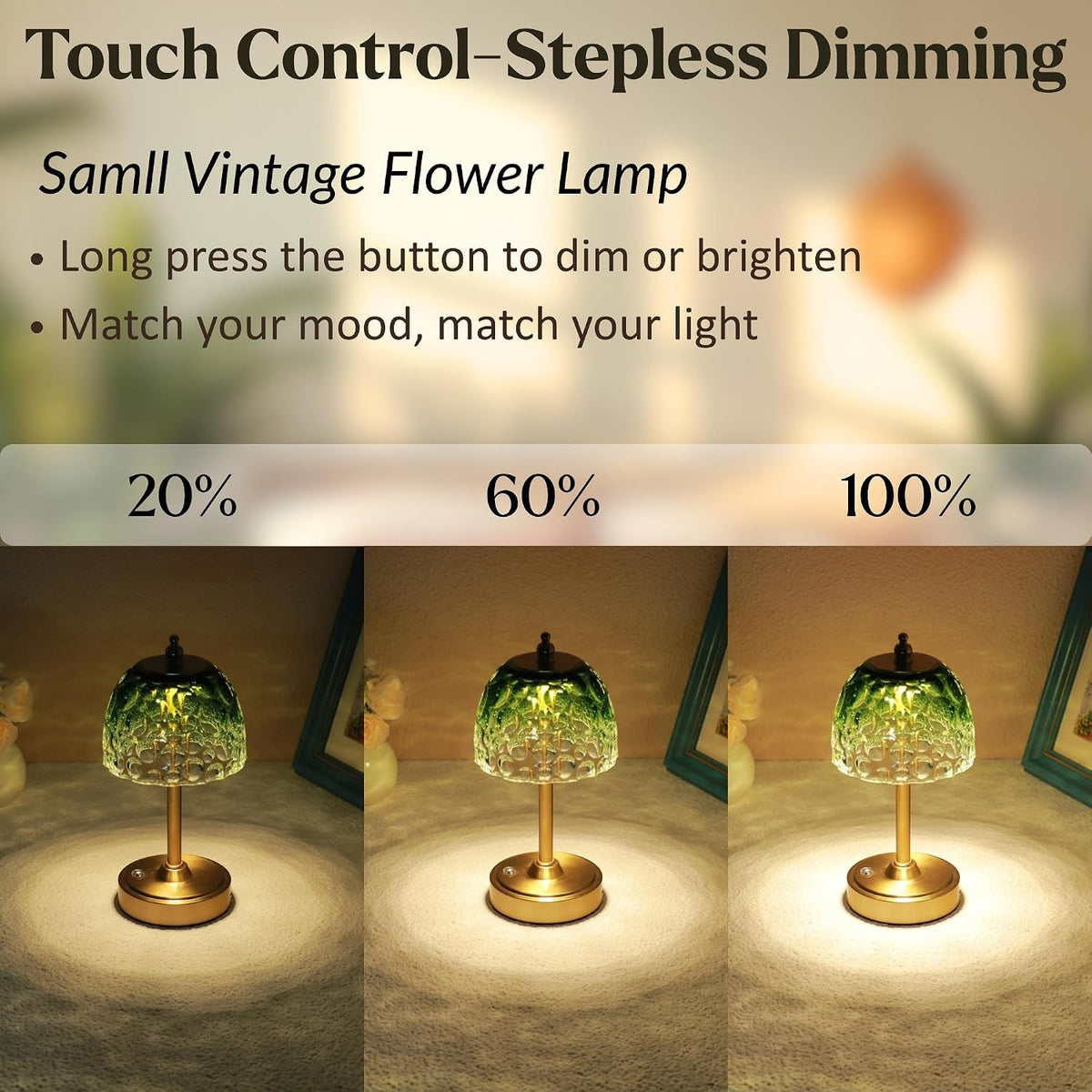Cordless Rechargeable Table Lamp, Vintage Art Glass Shade, Dimmable, Blue