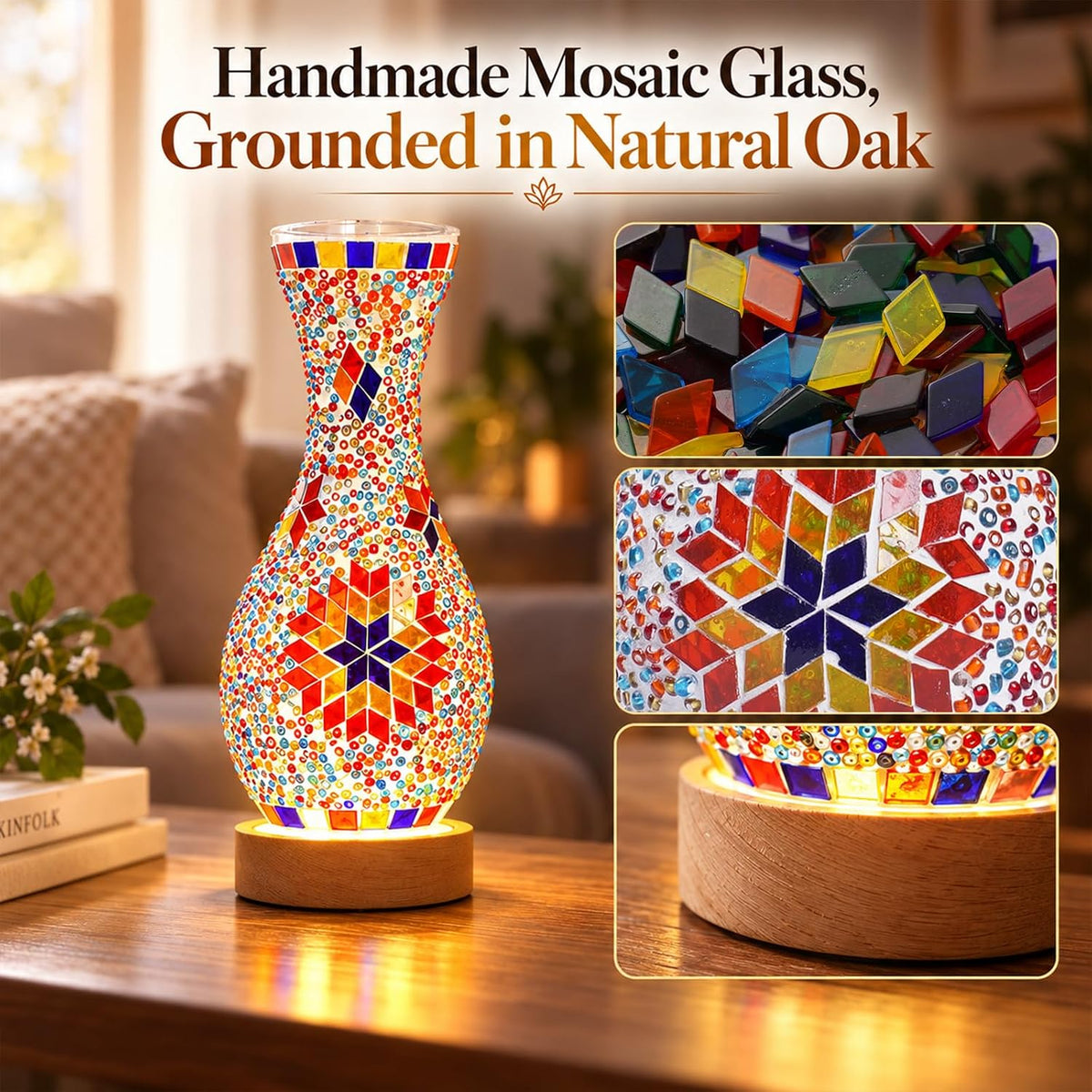 Mosaic Vase Lamp, Turkish Table Lamp with Wood Base, USB LED