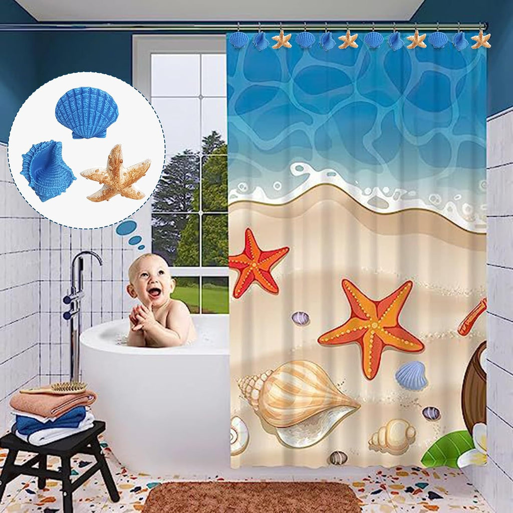 12PC Coastal Blue Shower Curtain Hooks Rings with Starfish Seashell