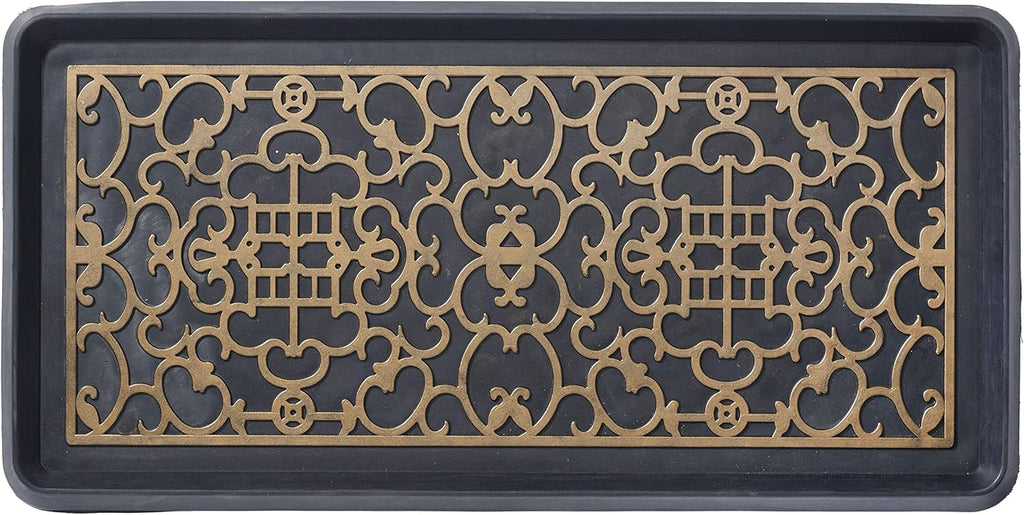 HF by LT Asian Screen Rubber Boot Tray, 32 x 16 inches, One-Piece Seamless Construction, Durable Vulcanized Rubber, Year Round Use Indoors or Outdoors, Black with Antique Bronze Finish