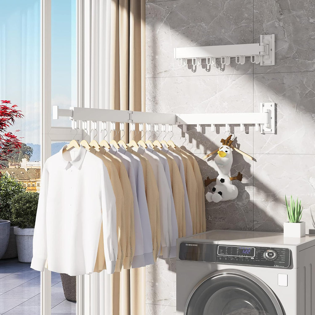 HEILAIYI Clothes Drying Rack,Laundry Drying Rack,Wall Mounted Clothes Rack,Laundry Rack Wall Mount,Folding Retractable Collapsible Drying Rack Clothing (Three-Poles,Loop Hooks,White)