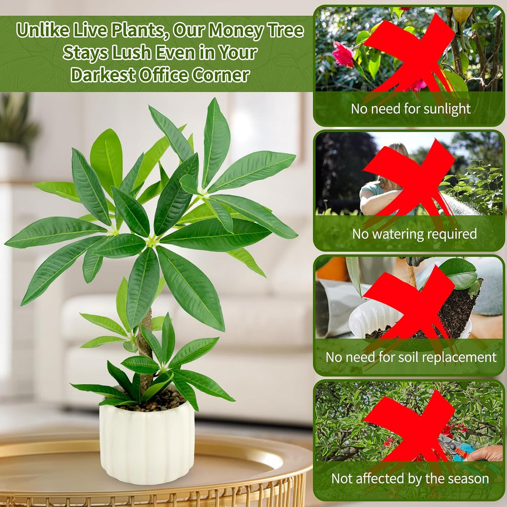 Small Money Tree Bonsai 15.2inch Artificial Desk Plant in White Ceramic Pot, Realistic Indoor Faux Potted Pachira Money Plant for Home Office Living Room Decor(Maintenance Free)