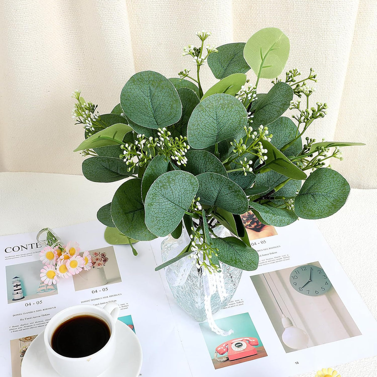 KALIONE 12 Pcs Artificial Silver Dollar Eucalyptus Leaves Picks Stems and Faux Branches with White Seeds, 11.4'' Decoration Greenery Stems Plants for Vase Bouquets, Flower Arrangement