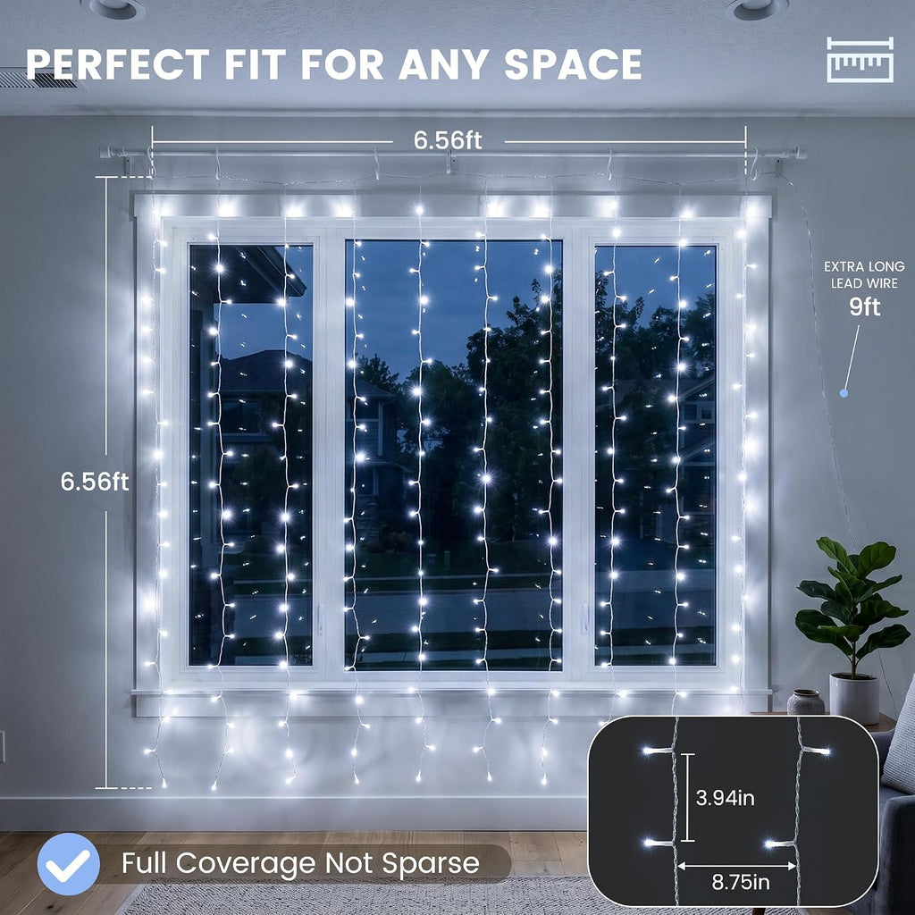 200 LED Curtain Lights Plug in, 6.6x6.6FT Fairy Lights, Cool White