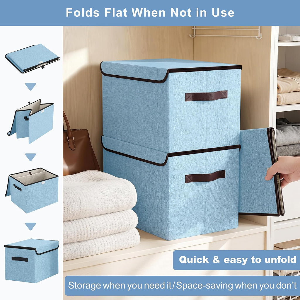 Bagnizer Foldable Storage Bins with Lids, Decorative Storage Baskets, Large Storage Boxes for Home, Office, Bedroom, Closet, Blue, Medium, 4 Pack 14.6 x 9.5 x 9.5”
