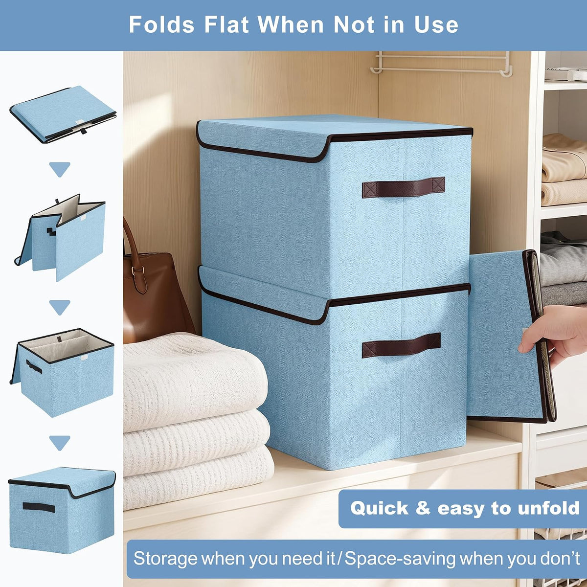 Bagnizer Foldable Storage Bins with Lids, Decorative Storage Baskets, Large Storage Boxes for Home, Office, Bedroom, Closet, Blue, Medium, 4 Pack 14.6 x 9.5 x 9.5”