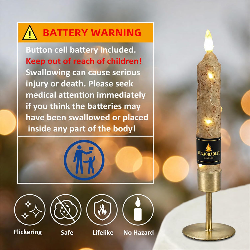 Wood Grain Flameless Taper Candles 4 Pack, 6.5 Inch LED Candles with Remote