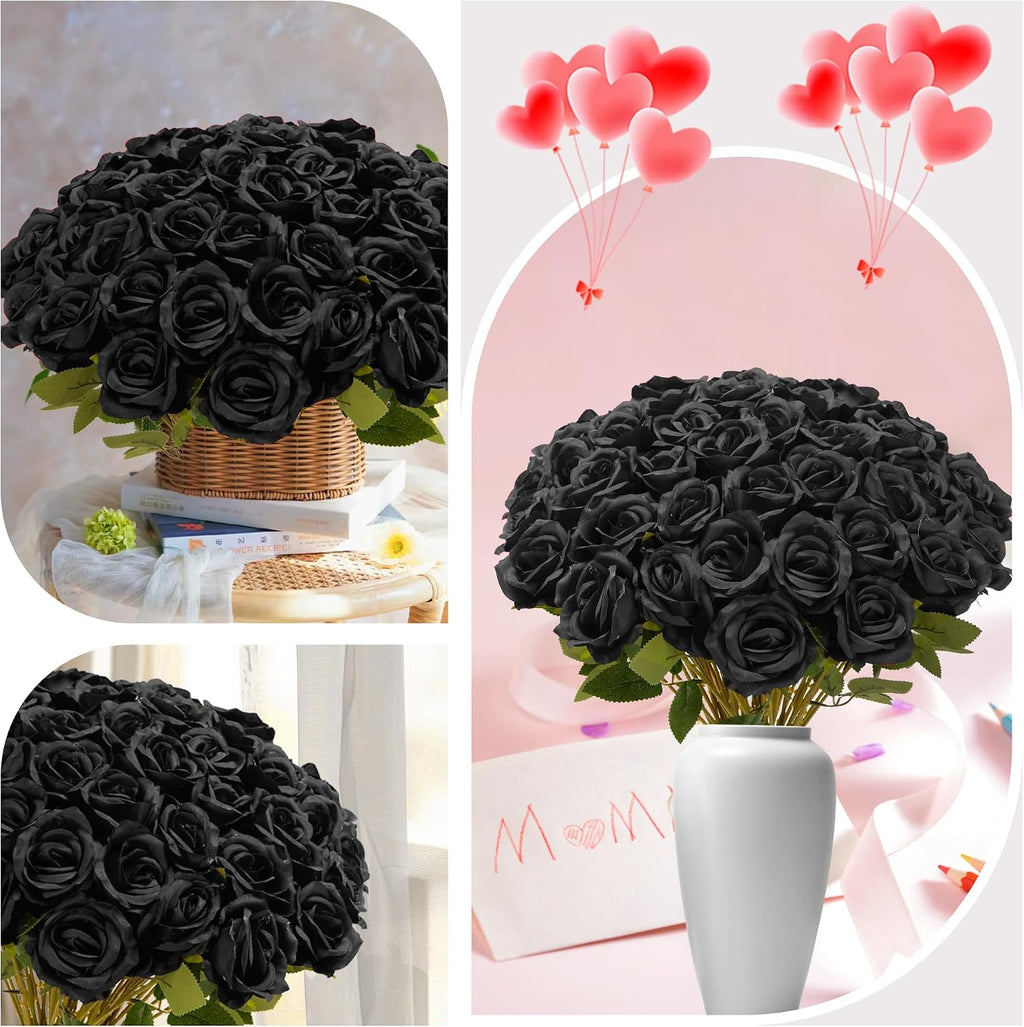 Fanfantoey Black Roses Artificial Flowers Bulk, 52Pcs Fake Roses Flower Arrangement, DIY Silk Flowers Roses Bouquet, Realistic Faux Artificial Roses for Mother's Day Home Table Decor