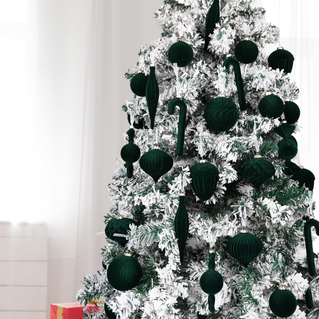 Velvet Ornaments for Christmas Tree Decorations - Dark Green Flocked Christmas Ornament Set for Winter Holiday Decor - Shatterproof Xmas Balls Ornaments Bulk - Pack of 24