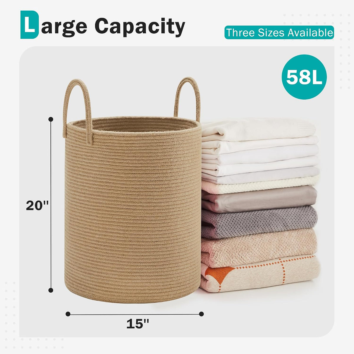 YOUDENOVA Cotton Laundry Hamper, 58L - Woven Collapsible Storage Basket - Jute Brown