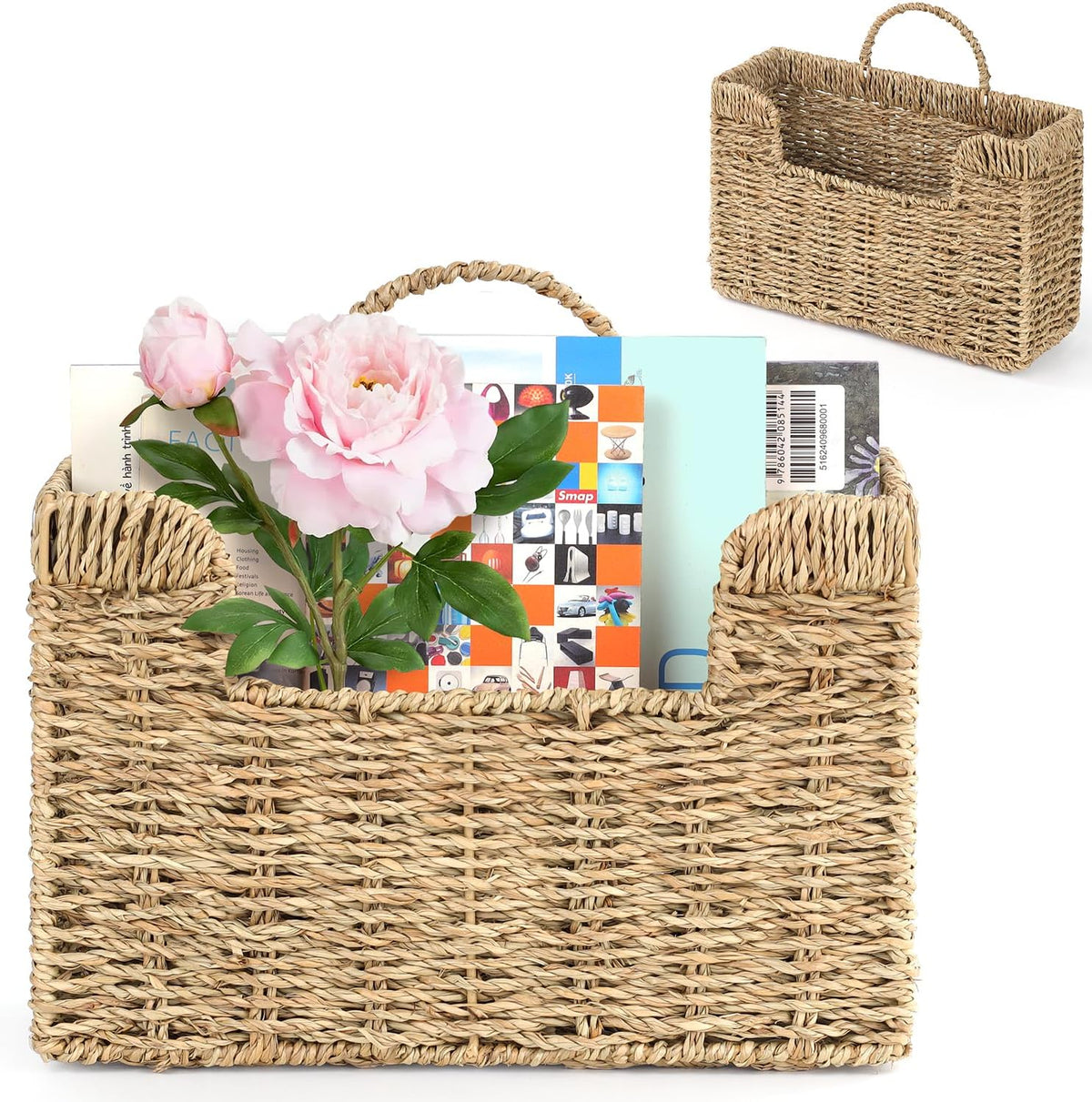 Handwoven Seagrass Wall Magazine Holder - Natural Hanging Organizer for Mail, Newspapers & Magazines, Books & Files - Decorative Boho Storage Basket for Entryway, Bathroom, Living Room, Office.
