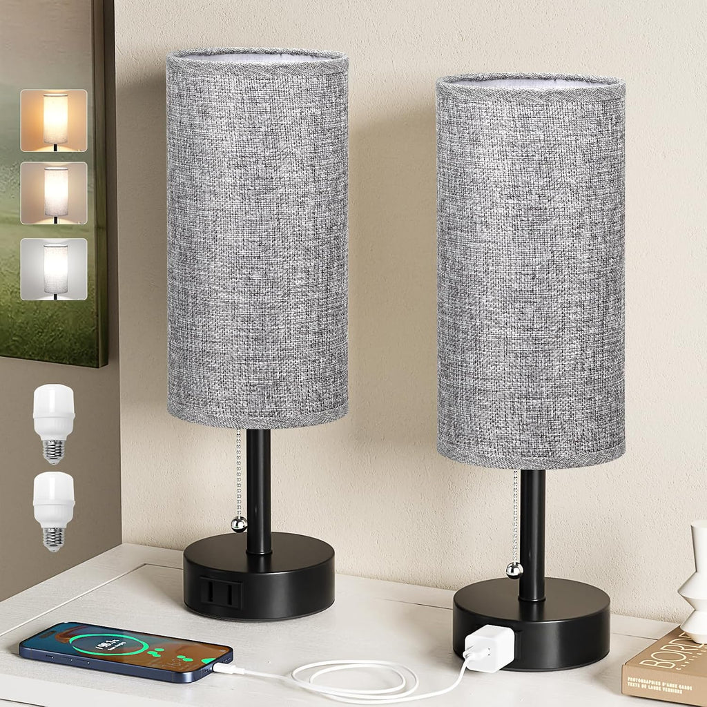 Grey Bedside Table Lamps Set of 2 - Bedroom Lamp for Desk, AC Outlet