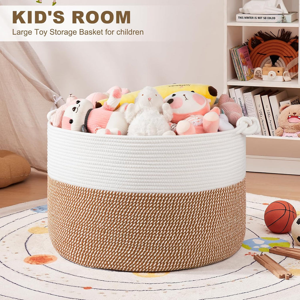 OIASKET XXL Large Blanket Storage Basket for Living Room, 105L Woven Cotton Rope Basket with Handles, Baby Toy Storage, Laundry Hamper for Clothes, Pillows, Towels-Yellow and White