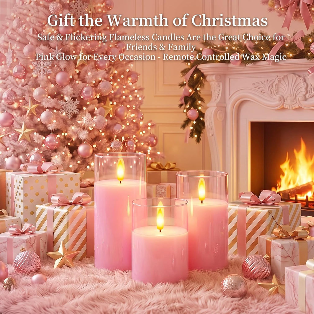Amagic Pink Glass Flameless LED Candles Battery Operated with Remote Timer