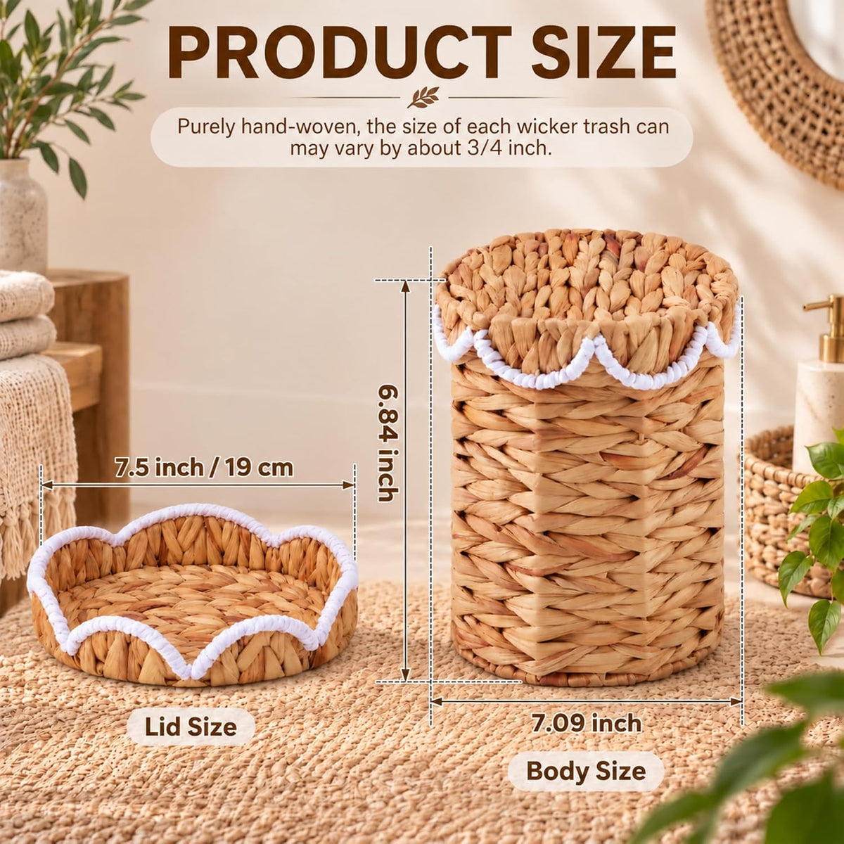 Ziliny 2 Pcs 1.7 Gallon Wicker Trash Can with Lid, Nature Waste Basket