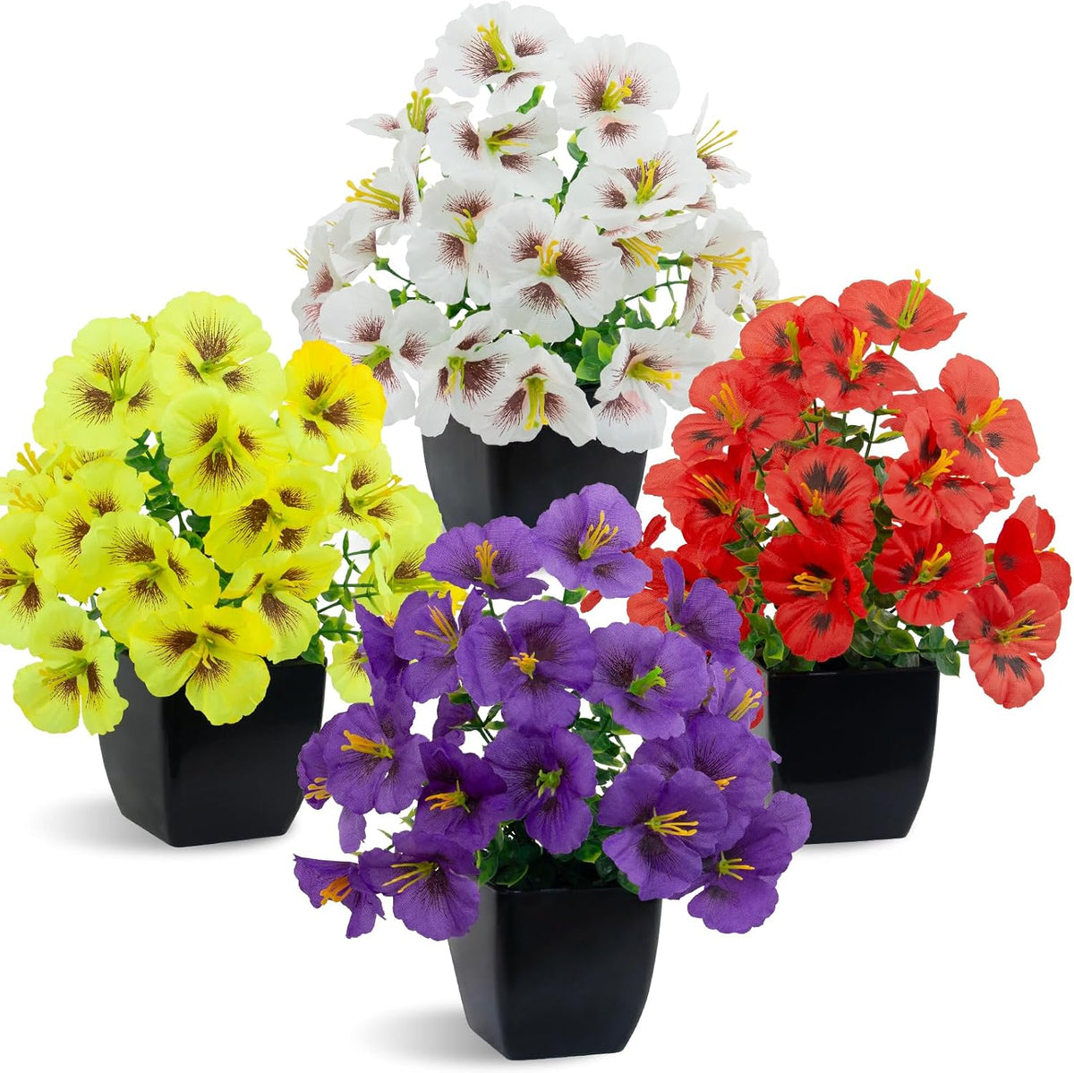 LOYWREE 4 Pack Small Faux Plants Spring Artificial Pansy Flowers Fake Plants Indoor Bathroom Accessories for Home Room Office Desk Decor(Black Square Pot)