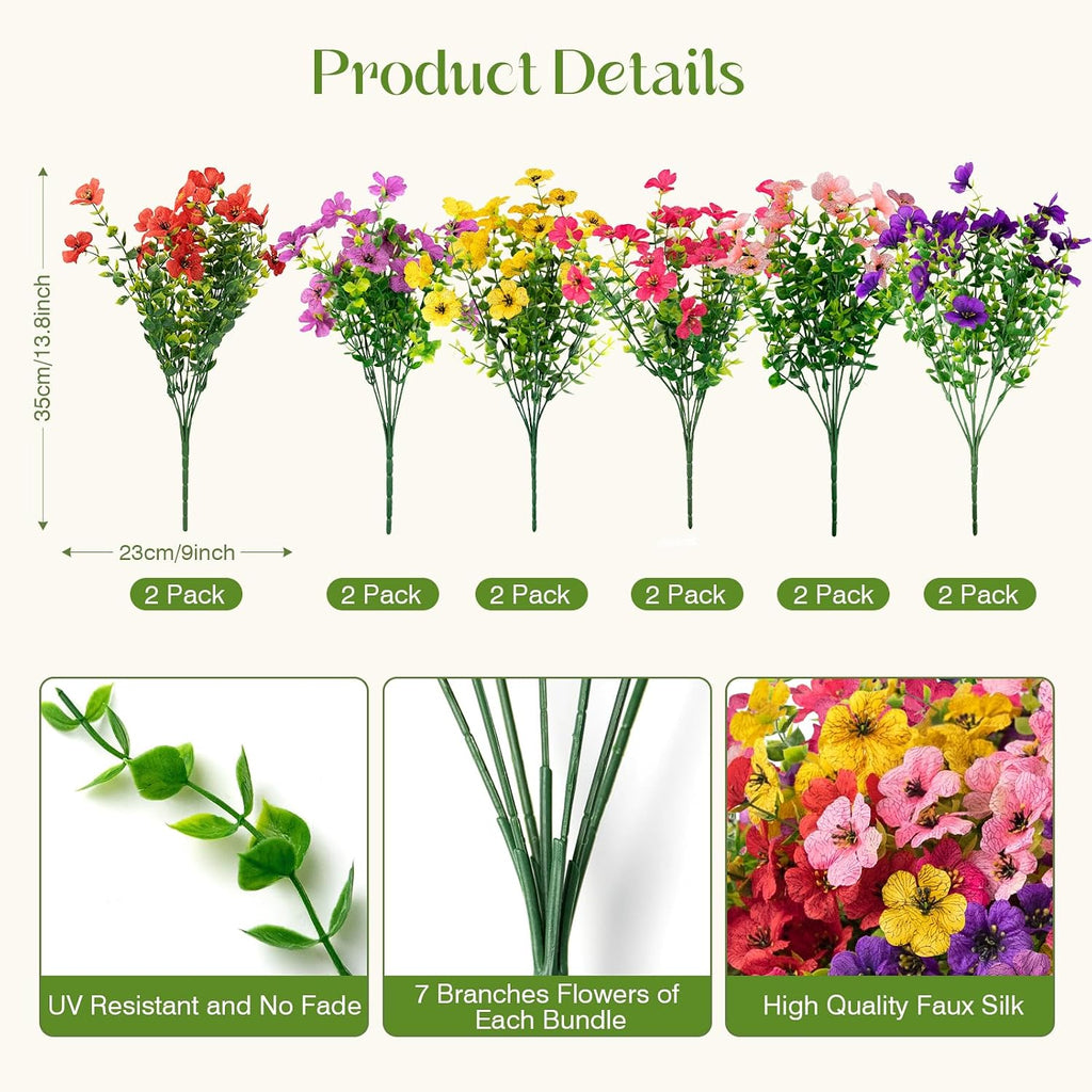 12 Bundles Artificial Flowers for Outdoors, Fake Silk Plastic Flowers for Outside, UV Resistant Faux Plants for Outside Garden Porch Window Home Planters Decoration (6 Multicolor)
