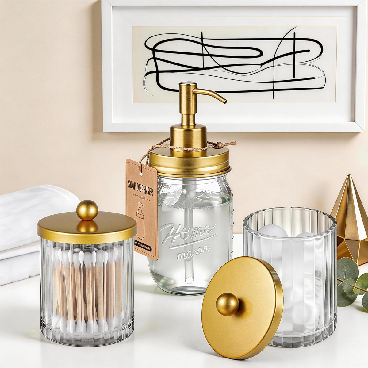 Amolliar Qtip Holder for Bathroom, Clear Glass Apothecary Jars(Gold 4 Pack)