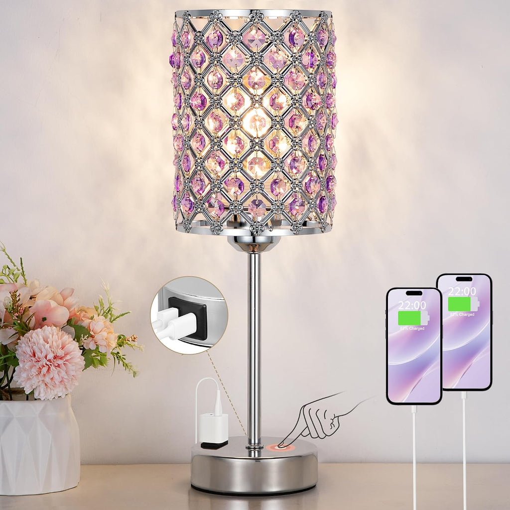 Hong-in Crystal Lamps for Night Stands, Purple Table Lamp for Bedroom