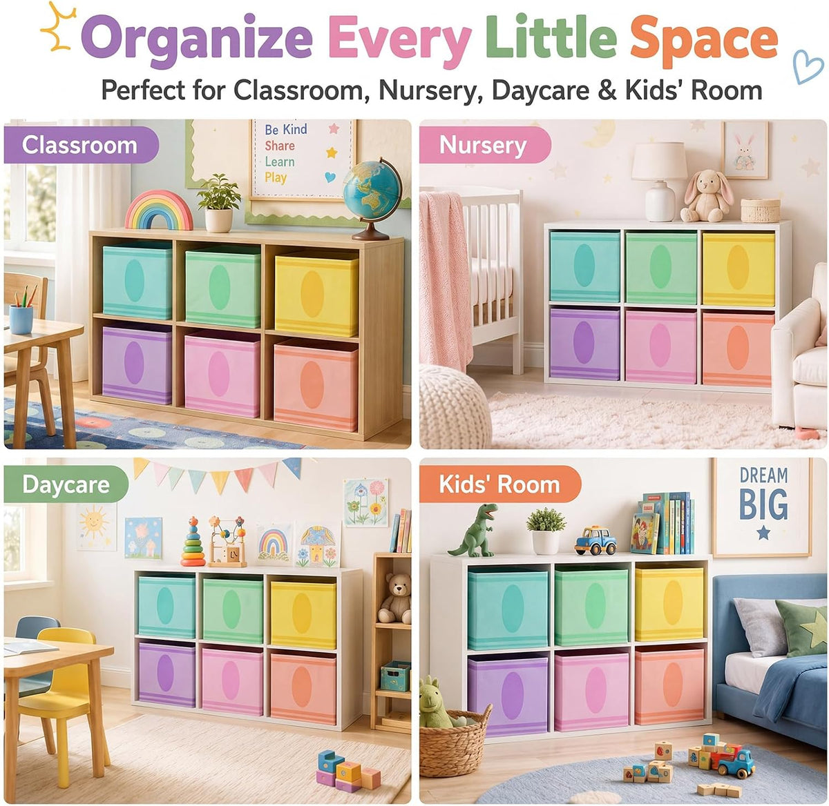 Glooglitter 6 Pack 11 Inch Crayon Fabric Storage Cube with Handles Pastel Collapsible Bin Classroom Must Have Foldable Colorful Closet Bin Basket for Nursery Classroom School Playroom Shelves